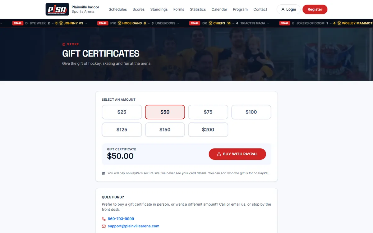 Gift certificate page with PayPal checkout