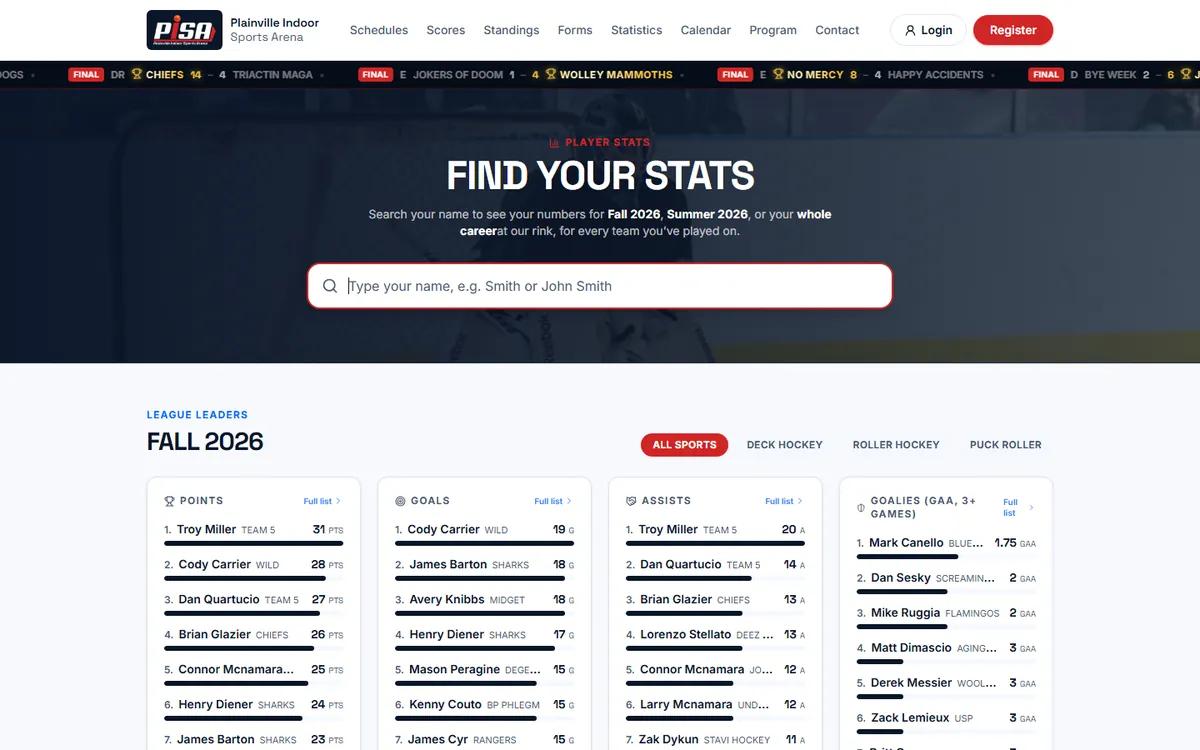 Player statistics page with league leaders