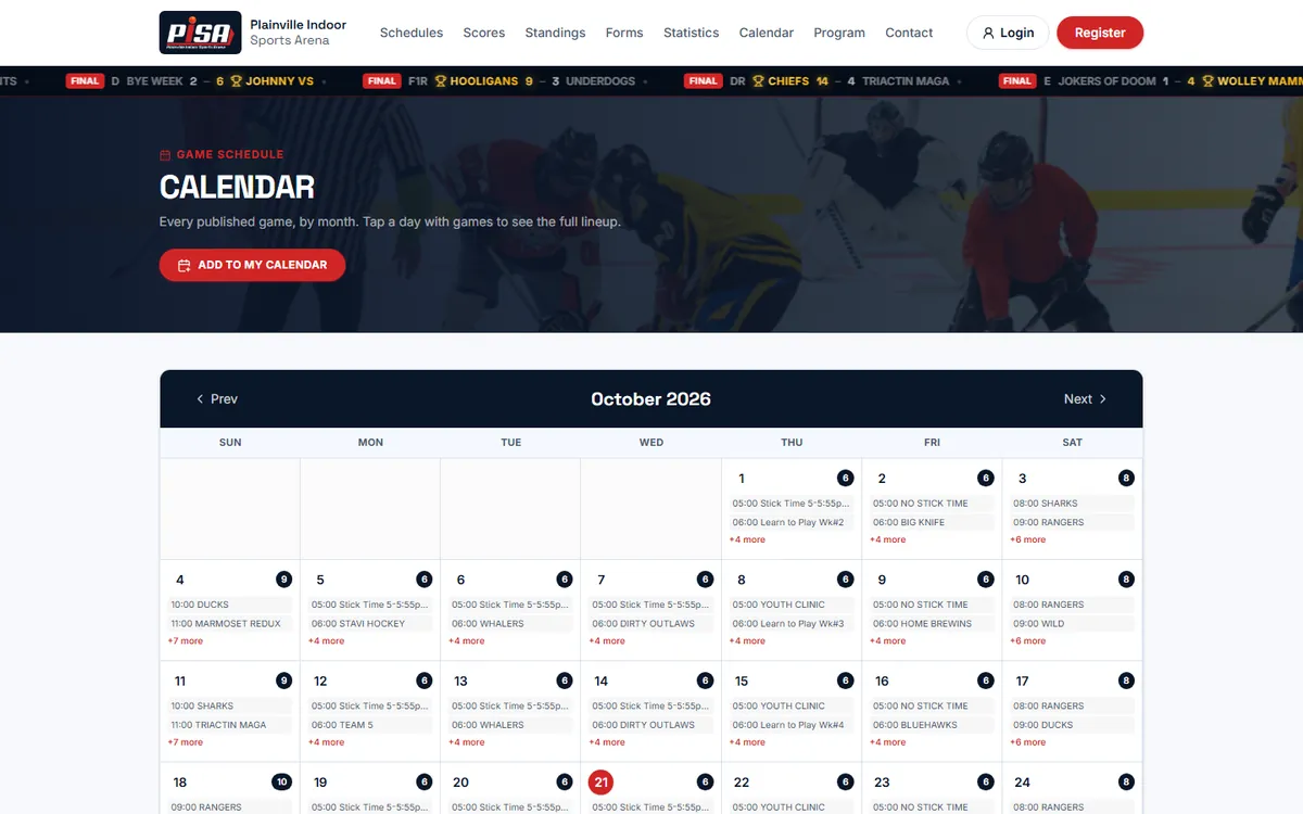 Monthly game calendar of the Plainville Indoor Sports Arena website